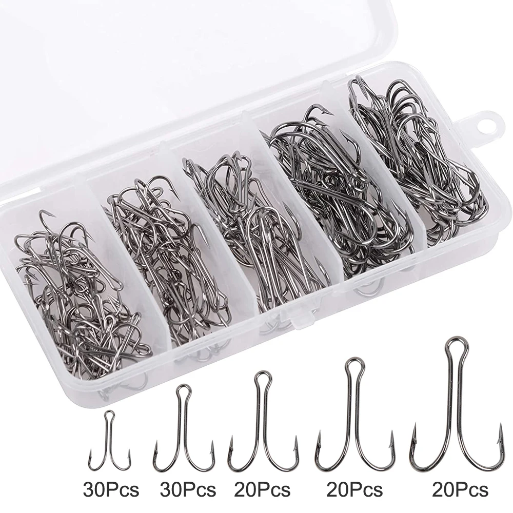 120Pcs/Box Double Fishing Hooks High Carbon Steel Fly Tying Fishing Hooks Open Shank Double Frog Hooks