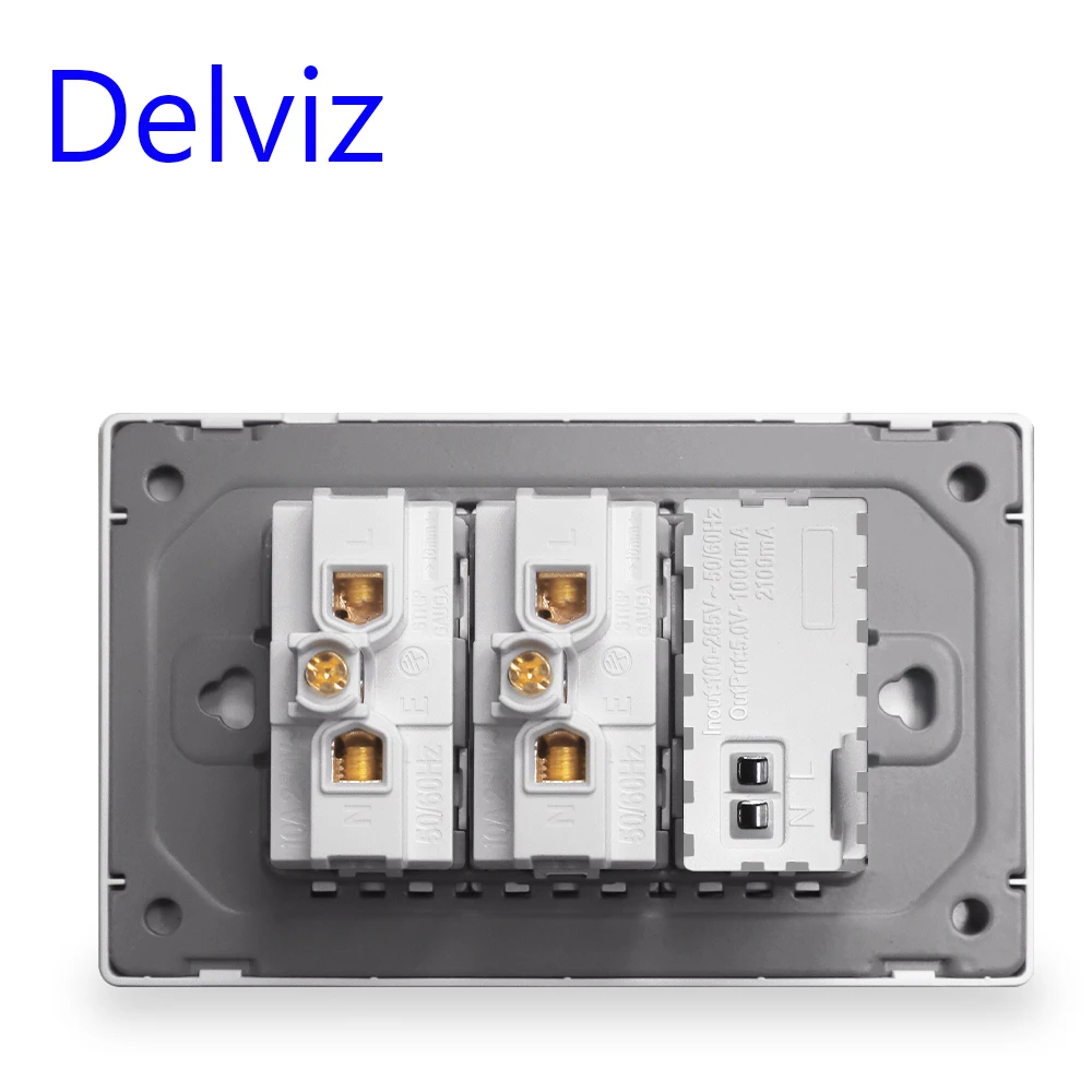 Delviz Brazil Standard Socket, White Tempered Glass Panel, USB socket 2100ma, Size 120mm*72mm, With USB Ports Wall Power Outlet