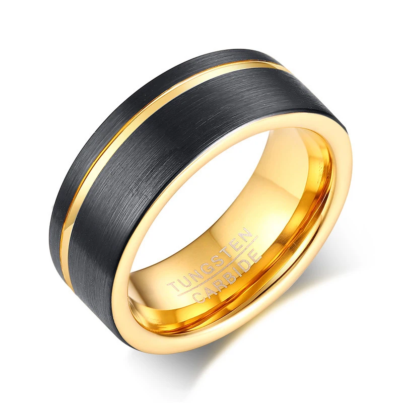 

8mm Punk Black Gold Color Tungsten Carbide Finger Rings Cool Charming Men Hiphop Tungsten Steel Fashion Wedding Ring Jewelry