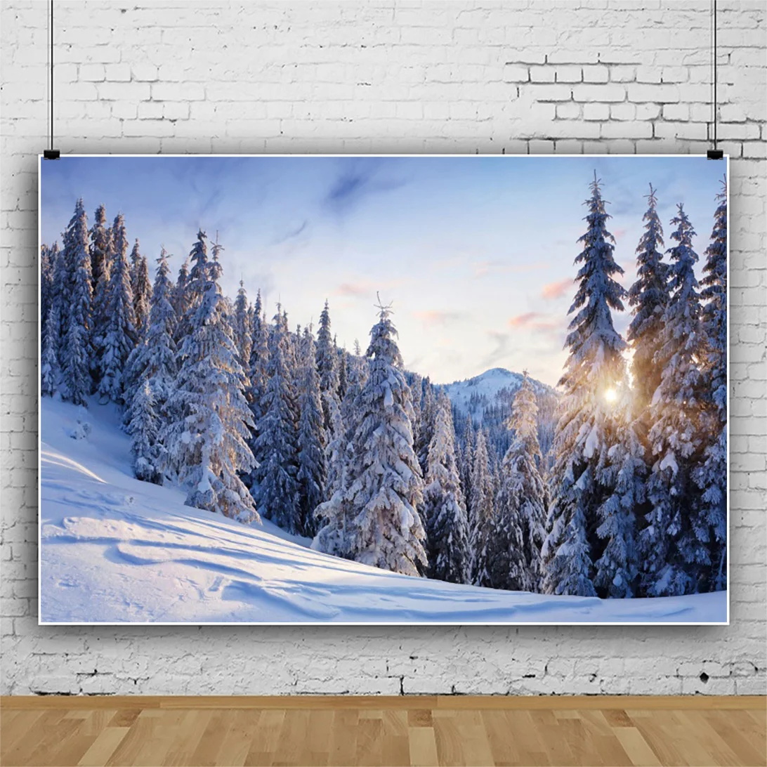 Laeacco inverno floresta árvore de natal montanha paisagem retrato sala decoração pano de fundo foto fotográfica