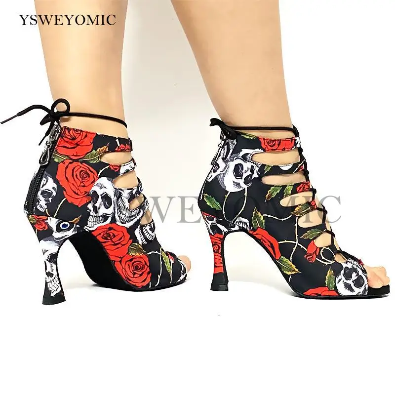 Women Latin Salsa Dance Shoes Girls Halloween Skull Red Color Suede Sole 9cm 10cm Bachata Latin Dance Shoes For Lady