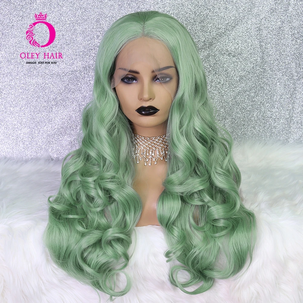 Loose Wave Ovile Green Synthetic Lace Front Wig Heat Resistant 26 Inch Long Loose Wave Cosplay Wigs For Black Womem OLEY