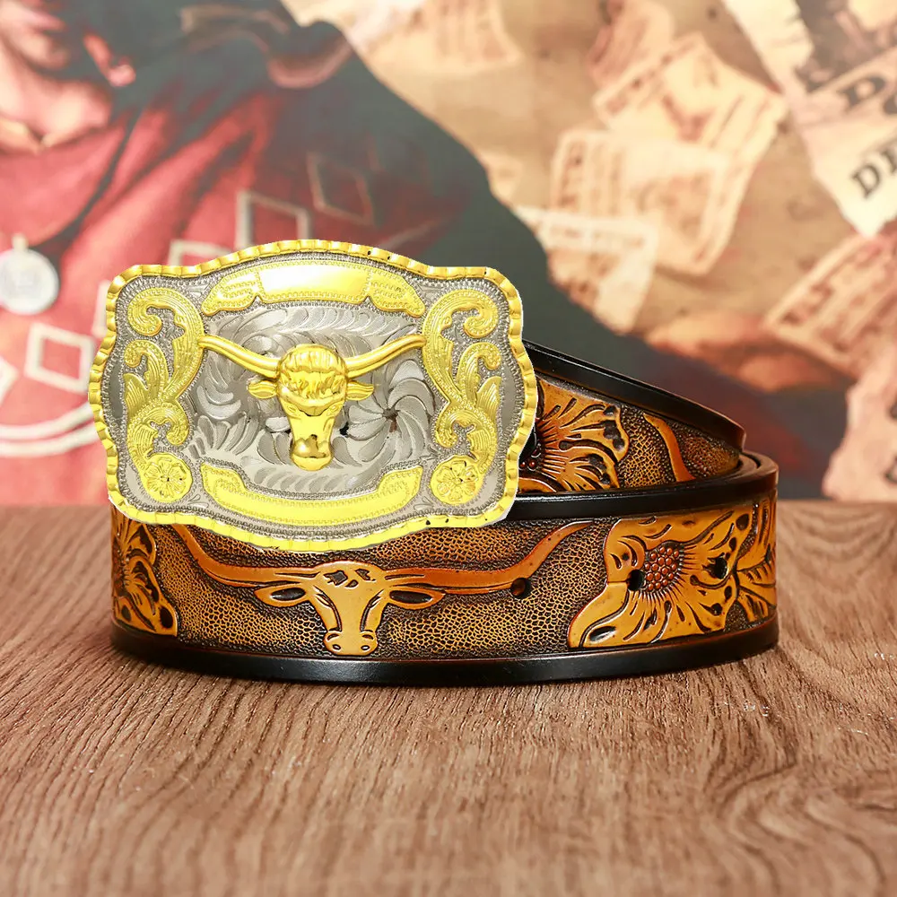 Western cowboy leather belt zinc alloy fighting bull head attitude buckle men's birthday party gift