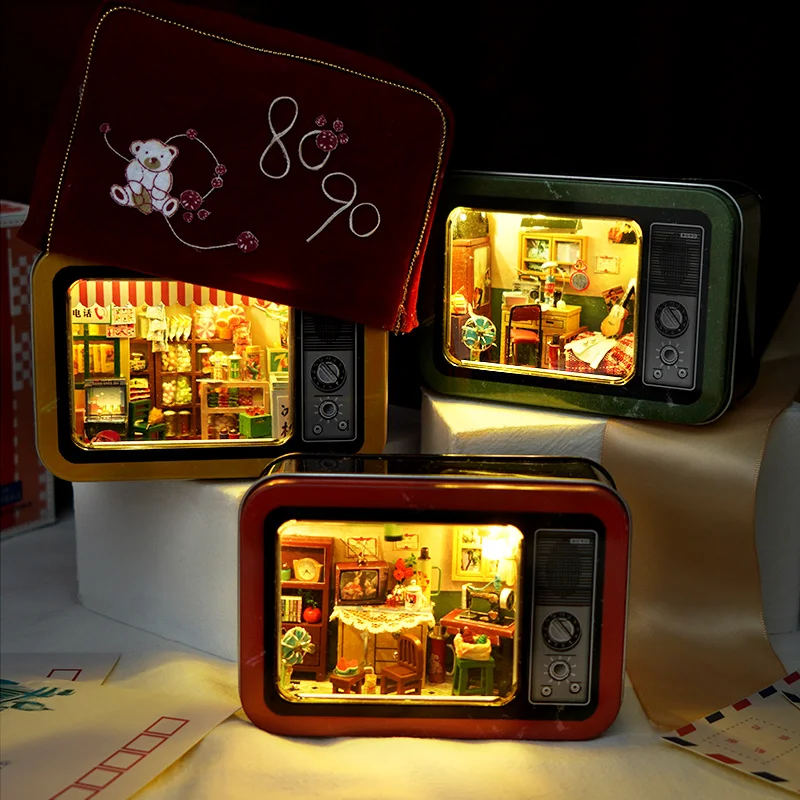 Cutebee-muebles para casa de muñecas Diy, casa de muñecas en miniatura, Kit de construcción Retro nosta con luces, modelo de juguetes para niños, regalos de cumpleaños