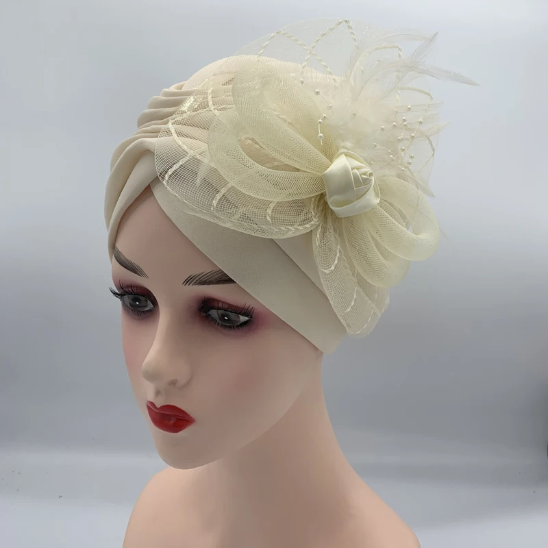 2023 New Feather Flower Turban Hats for Women Female Headwrap Ready to Wear Hijab Caps Muslim Headscarf Bonnet Turbante Mujer