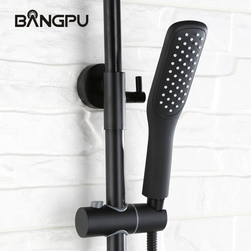 BANGPU Black Bathroom Shower Faucet System Rianfall Shower Head With Hand Shower Set Mlitfunction Shower Set Solid Brass