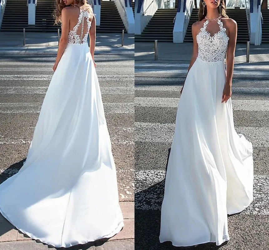 

A-Line Wedding Dresses 2021 Halter Neck Boho Illusion Bridal Gown Beading Appliques Vestidos De Novia Robe De Mariee