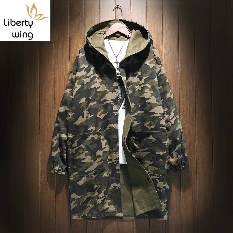 

New Army Green Camouflage Reversible Trench Coat For Men Winter Thick Cotton Lining Mens Overcoat Long Oversize Hooded Jackets