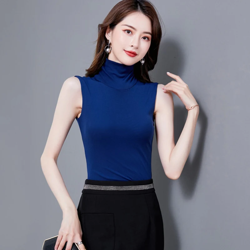 Summer Tops For Women 2024 Turtleneck Basic Sleeveless Lace Tank Tops Women Female Top Korean Tees Black White Blue