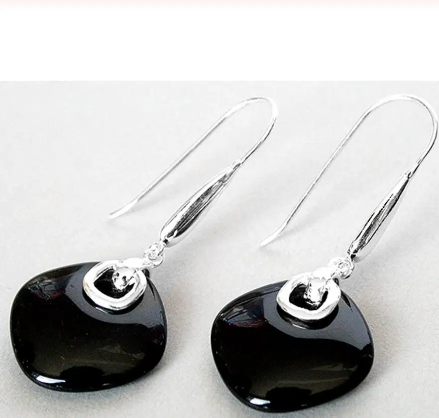 

Luxury real Hot Sell FASHION 925 SILVER NATURAL BLACK Natural Stone EARRINGS 14/5"