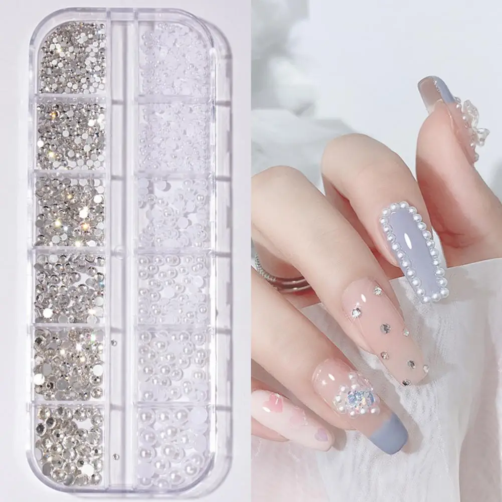 12Grids/Box Wholesale Nail Art Rhinestone Set 3D Effect Faux Pearl Style DIY Nail Rhinestones Decoration Manicure Salon Tools