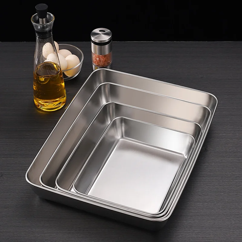 Stainless Steel Rectangular Bakeware Nonstick Pans Fruit Bread Food Storage Trays Plate Kitchen Deep Steamed Dish Baking Tools