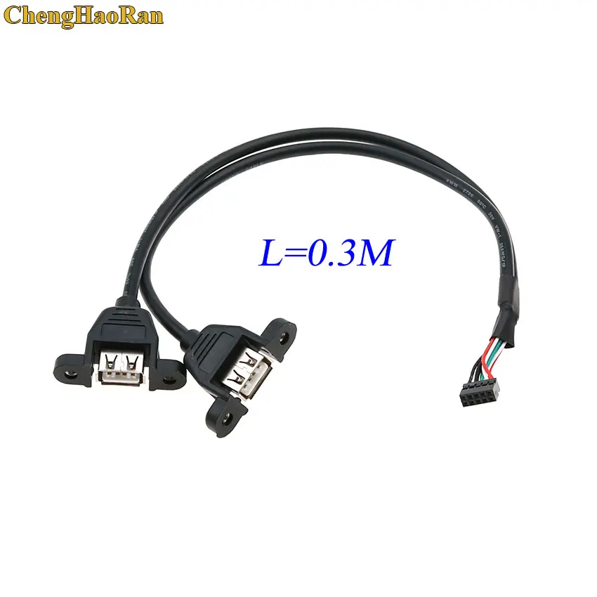 ChengHaoRan 1pcs 0.3M 30cm tackable Dual USB 2.0 A Type Female to Motherboard DuPont 9Pin 2.0/2.54mm Header Cable