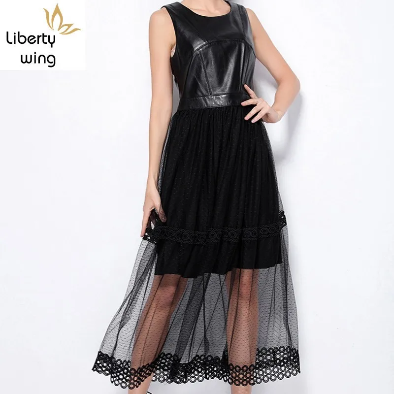

Summer Elegant Lady Black Lace Evening Vestidos Italian Luxury Women Sheepskin Genuine Leather Sleeveless Party Long Dress