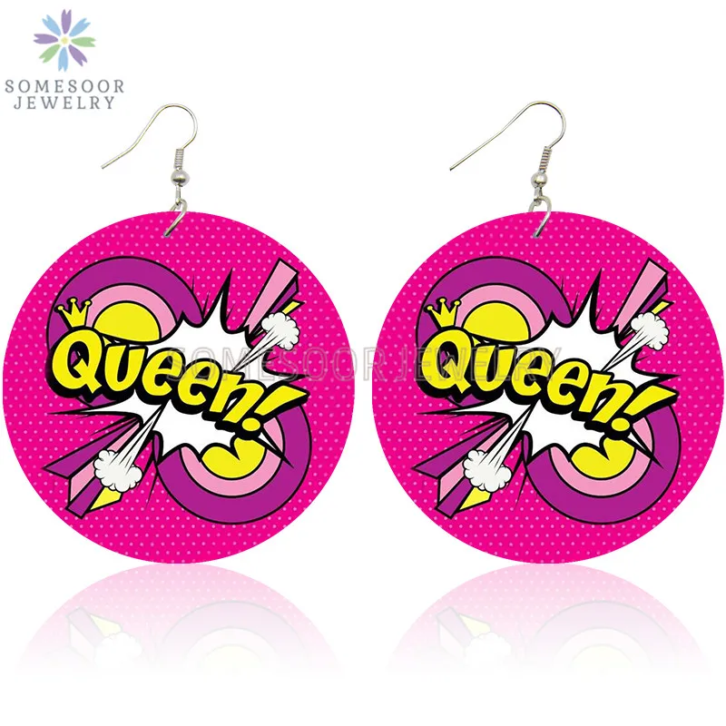 SOMESOOR POP LOL WOW Comic Bubble Printed Wood Drop Earrings Cool Queen Hiphop Cartoon Designs Dangle Jewelry For Women Gifts