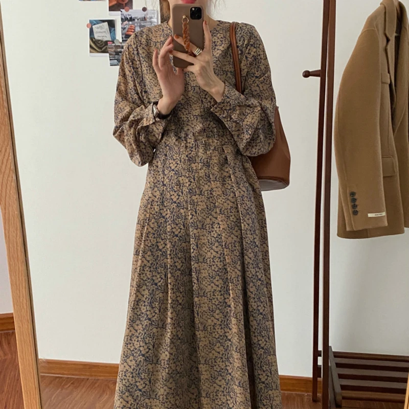 Women Autumn Elegant Slim Long Floral Pleated Dress Waist-Drawstring Round Collar Full Sleeve French Style