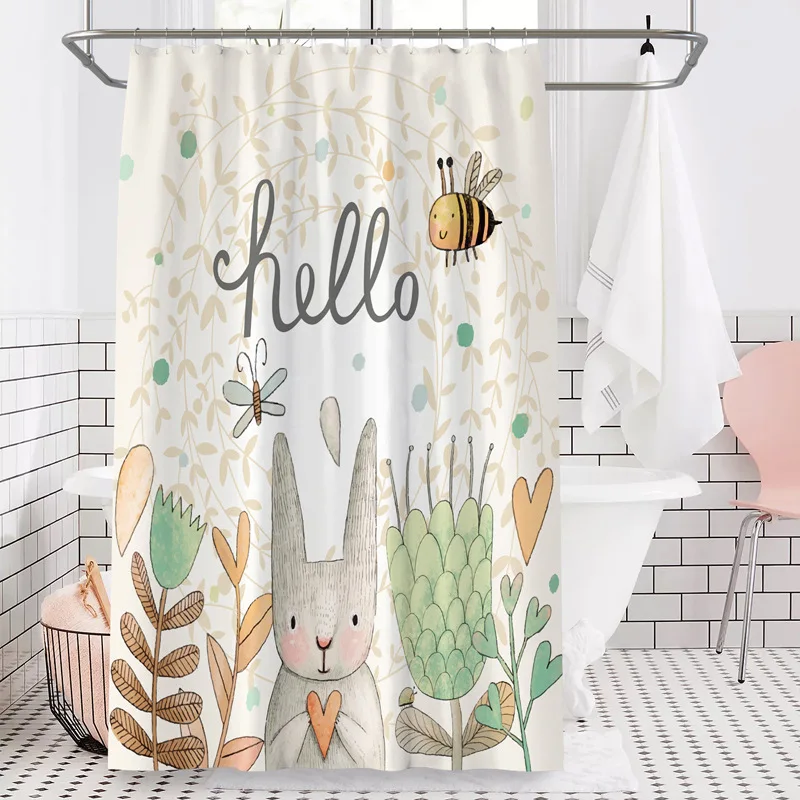 Top Quality Hello Cute Rabbit Shower Curtain Art Flowers Print Waterproof Fabric Bath Curtains with 12pcs Hooks Bathroom Decor