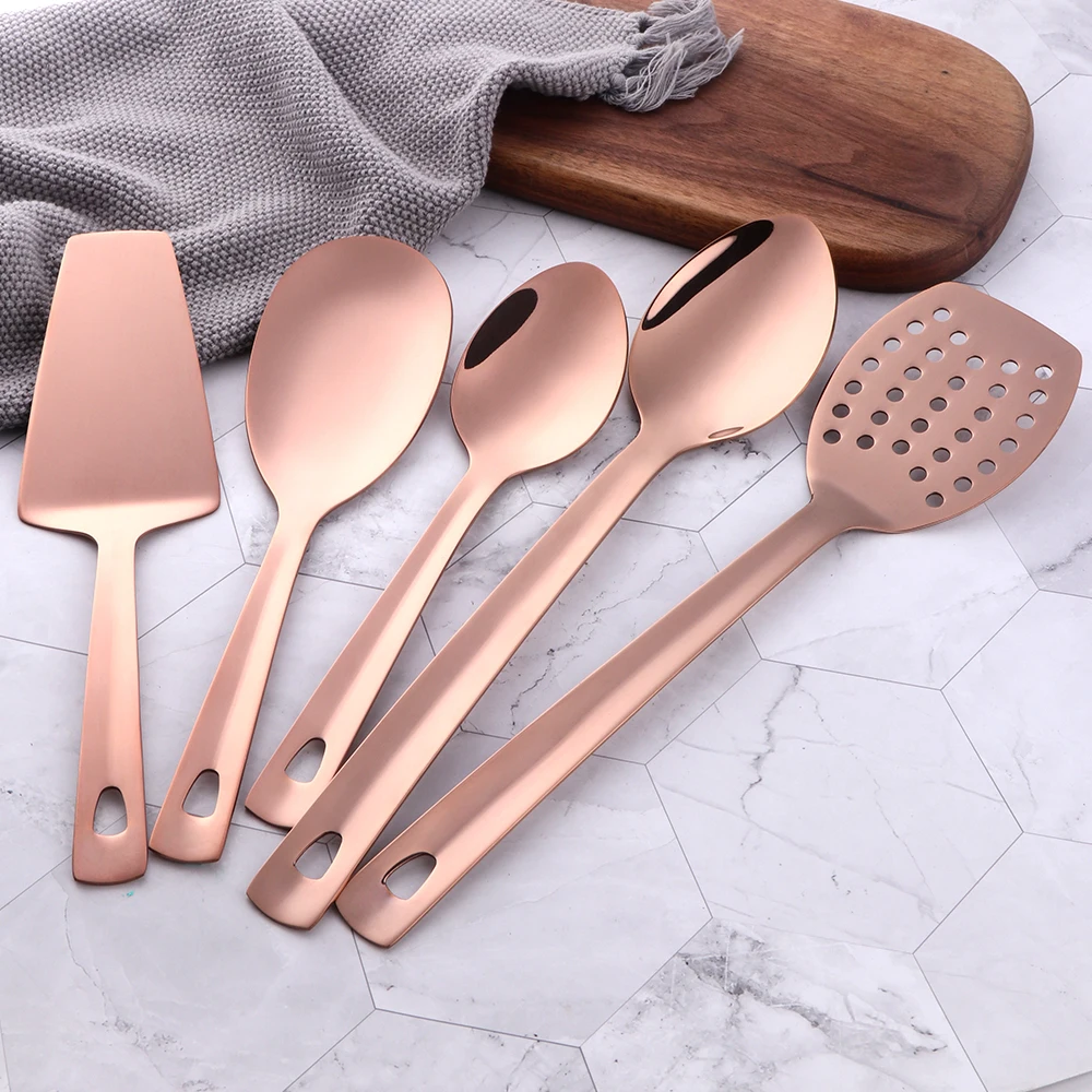 Pink Stainless Steel Long Soup Spoon Cooking Utensils Rose Gold Nonstick Kitchen Utensil Shovel Spatula Kitchenware Set Colander