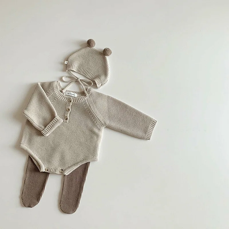 2024 Frühling Herbst Kleinkind Baby Jungen Mädchen Strick bodysuit mit Baby Strick mütze Säugling Overall Strickwaren Outfits Neugeborenen Pullover