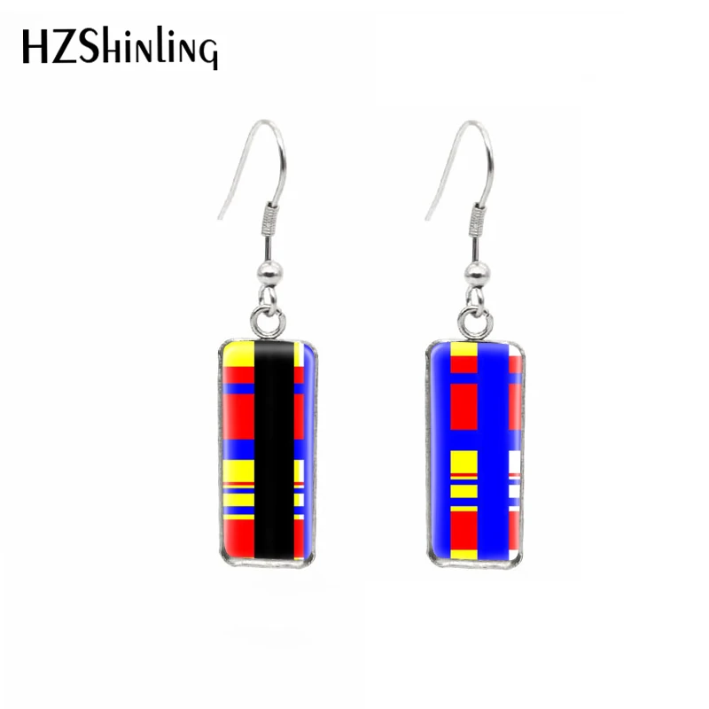 2020 New Arrival Mondrian Printing Asymmetric Geometric Rectangle Hook Earrings Glass Ear Jewelry Accessories