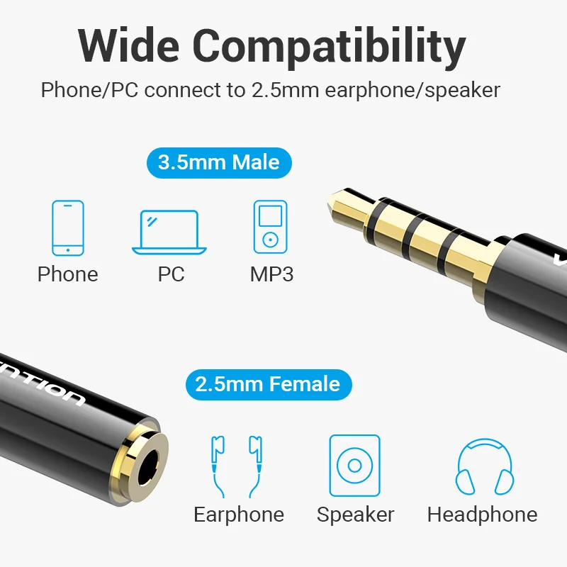 Vvention Jack 3.5mm do 2.5mm wtyk męski na żeński Adapter Audio dla głośników laptopa wtyczka słuchawkowa przewód Aux Connecter 2.5 do 3.5