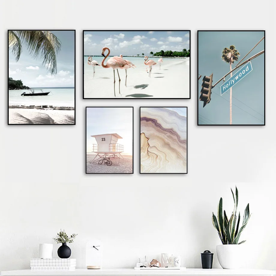 Beach Lifeguard Stand Boat Flamingo Sign Wall Art Canvas Painting Nordic Posters And Prints Wall Pictures For Living Room Decor