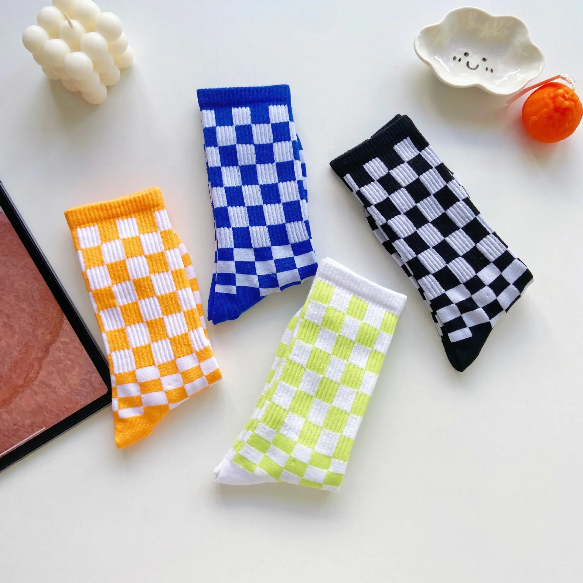 Unisex Men Women Harajuku Trend Checkerboard Socks Korea Geometric Checkered Socks Men Hip Hop Cotton Streetwear Novelty Socks