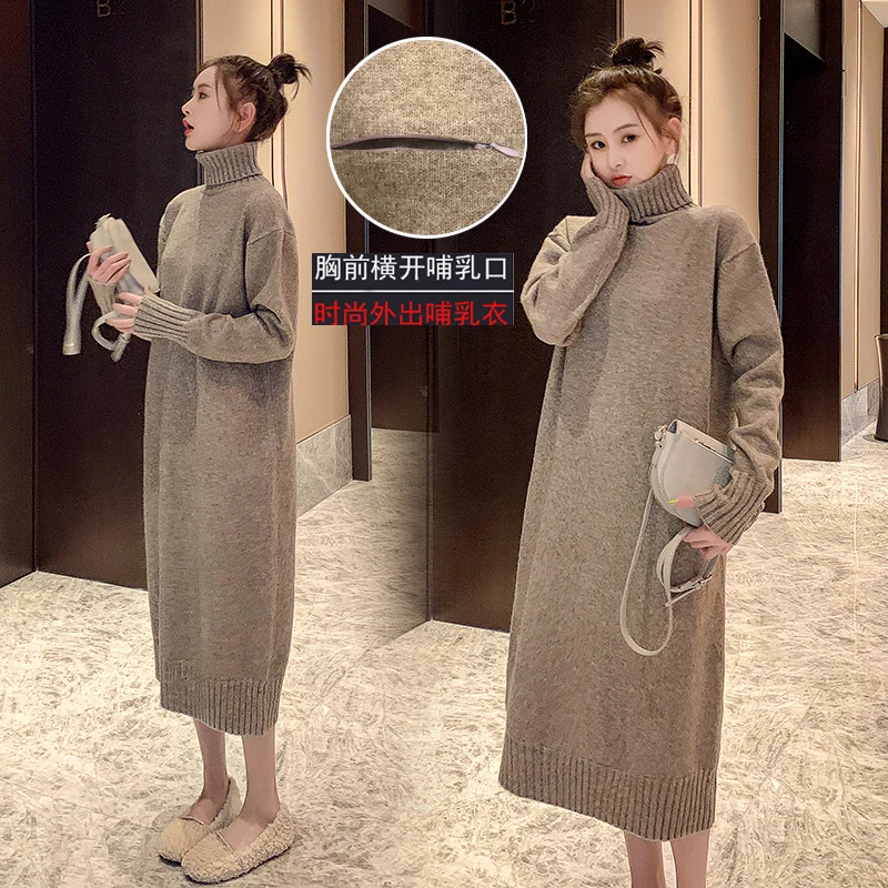 1012# Autumn Winter High Neck Knitted Maternity Long Sweaters Loose Straight Pullovers Dress Clothes for Pregnant Women Nursing