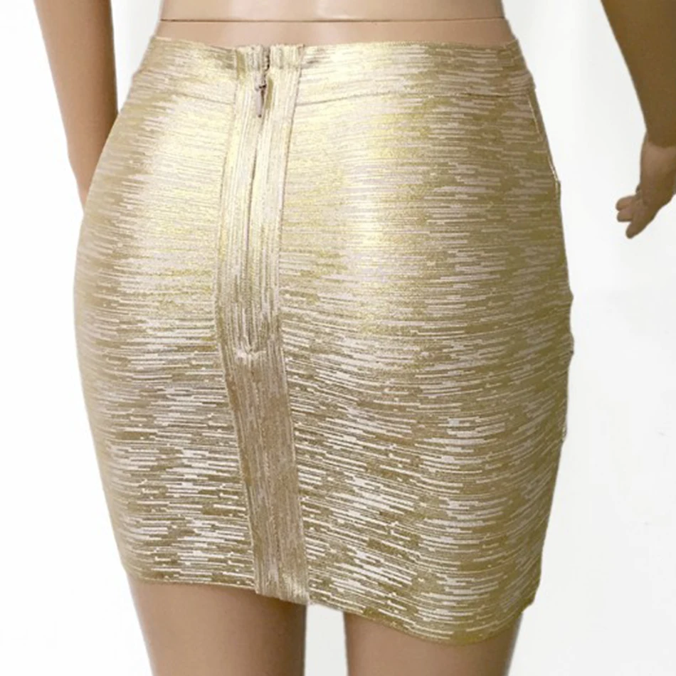 Women Sexy Gold Silver Foil Celebrity Bandage Skirts Rayon Good Stretch Mini Bodycon High Waist Irregular Pencil Skirt Drop Ship