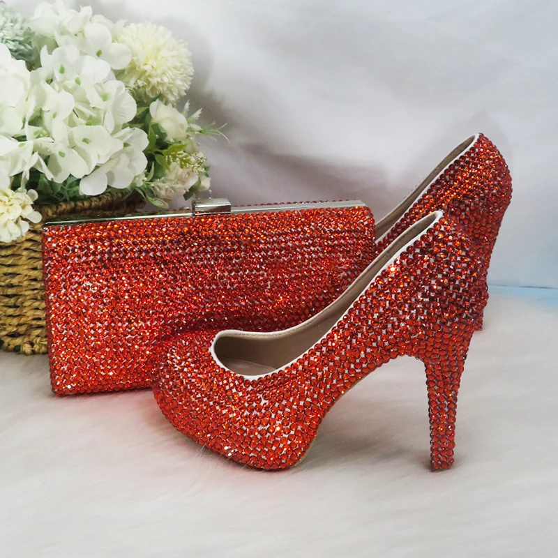 Orange Crystal wedding shoes with matching bags bride party dress High heels platform shoes Round Toe High Pumps and Purse