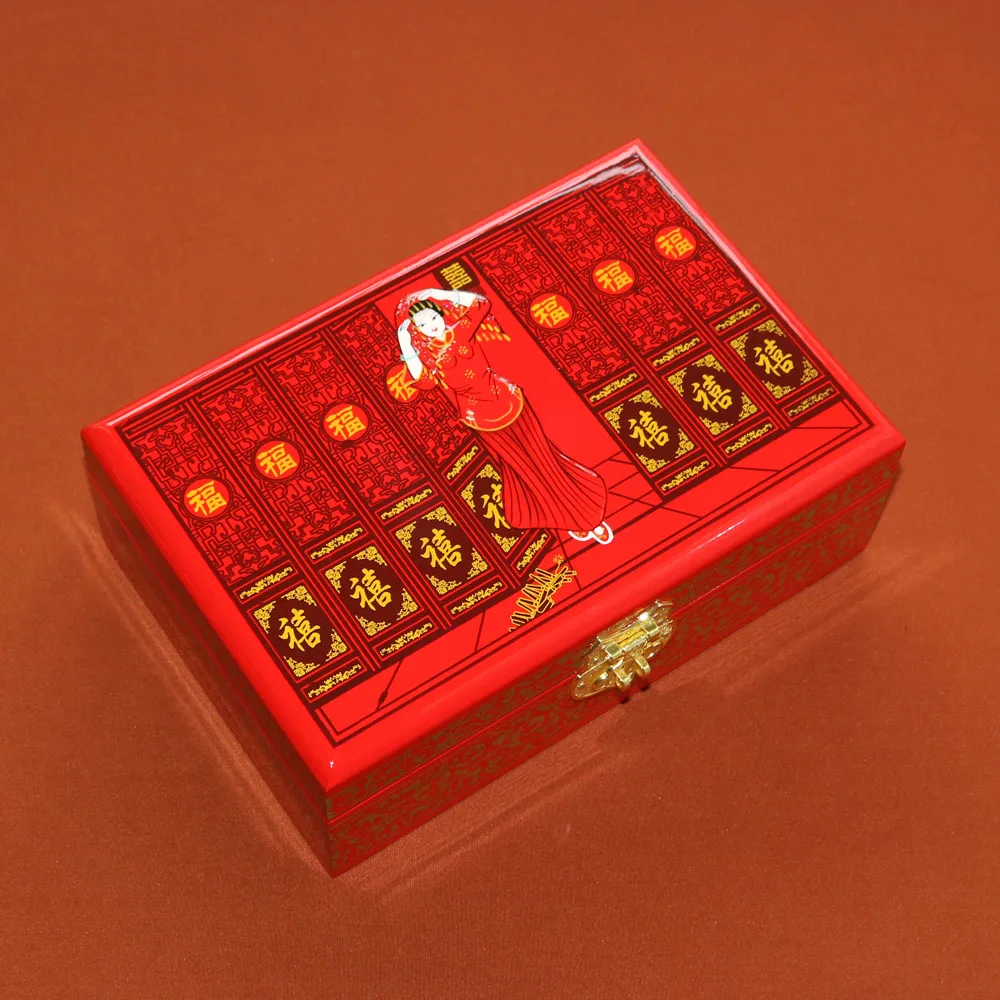 China Pingyao hand push light lacquer Dressing wooden box double-deck Chinese lacquerware jewelry casket Cosmetic case