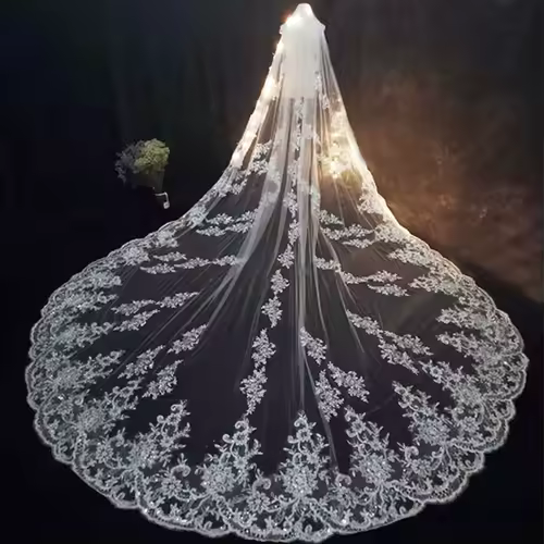Luxury Long Bridal Veil White Ivory Wedding Veils With Comb Lace Edge Applique Elegant Cathedral Length Wedding Accessories - Image 4