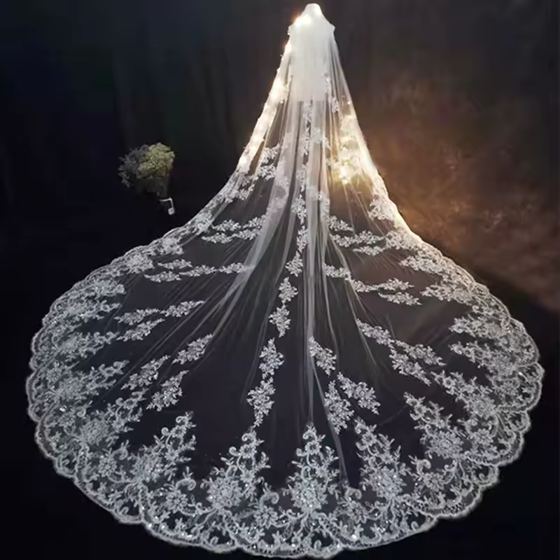 Luxury Long Bridal Veil White Ivory Wedding Veils With Comb Lace Edge Applique Elegant Cathedral Length Wedding Accessories - Image 4