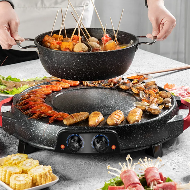 220V Elektrische Grill Grill Maschine 2 In 1 Eintopf Nicht-stick Haushalt Multi Herd Pan Heißer Topf Zwei flaver Heißer Topf