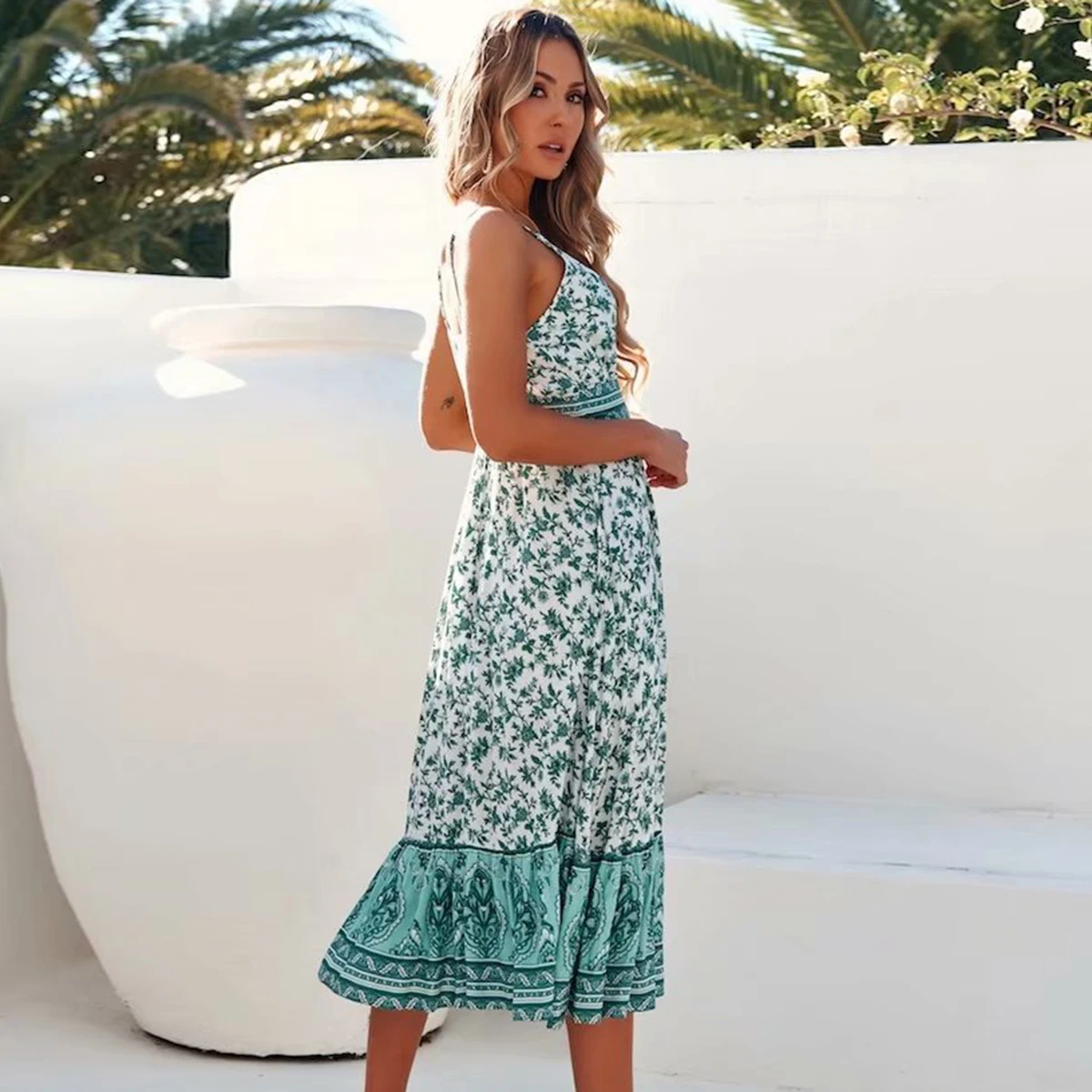 Floral Gedruckt Hippie Sexy Strap Midi Kleid Sleeveless V-ausschnitt Vintage Cami Vestidos Sommer Strand Boho Casual Frauen Slip Kleider