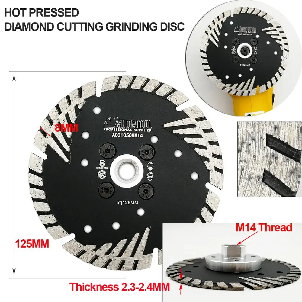 SHDIATOOL 2pcs 125mm Hot PressedDiamond Cutting Discs 5/8-11 FLANGE Diamond Turbo Blade Slant Protection Teeth concrete granite