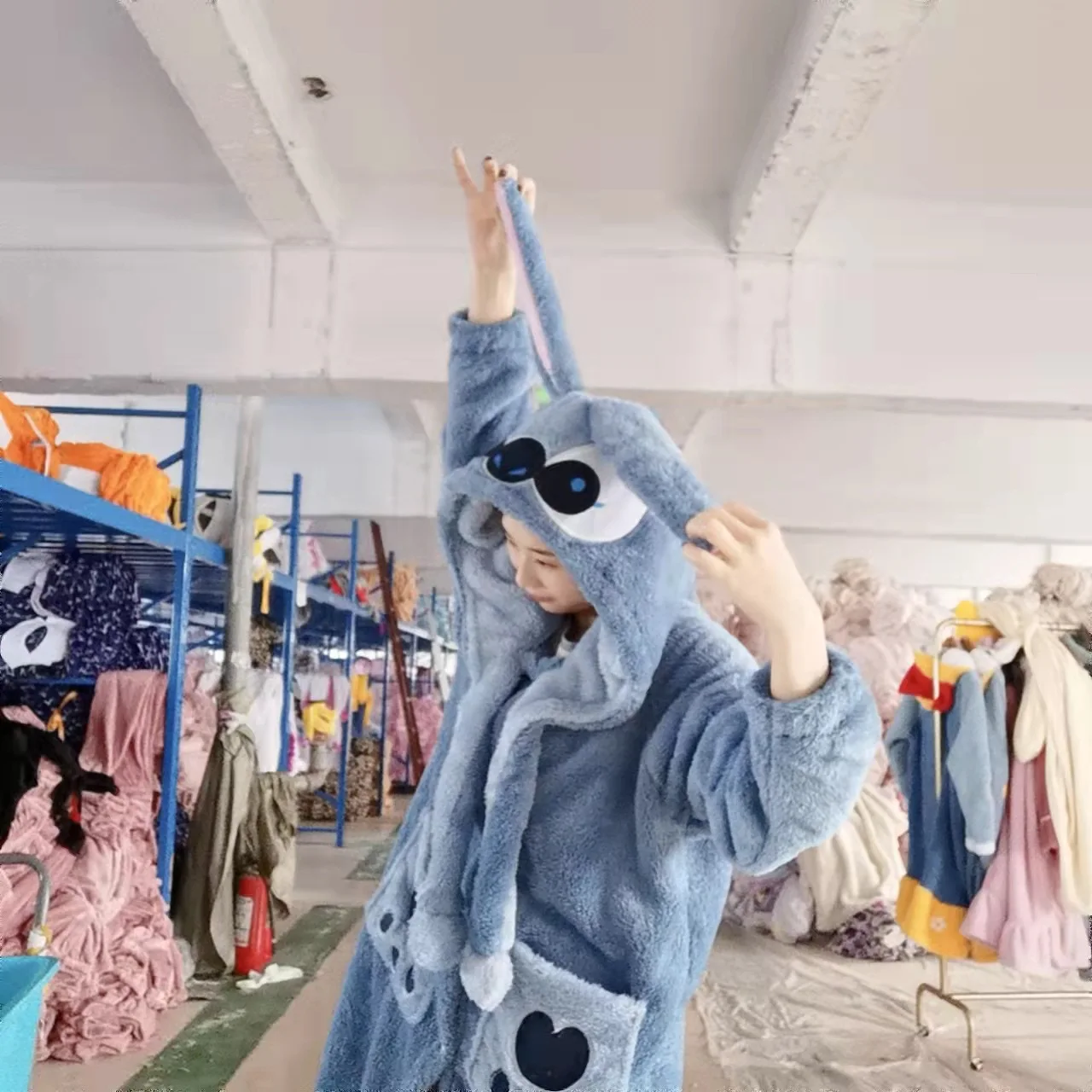 Kawaii Cartoon Rabbit Police Officer Blue Flannel Thickened Long Nightgown For Men Women With Ear Warm Coral Fleece Home Service