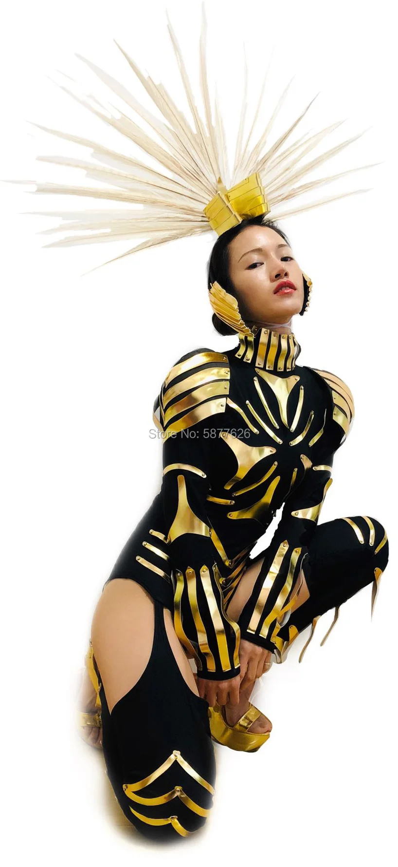 Singer stage sexy Golden mirror leather armor stage dance jumpsuit female warrior costume cosplay futuristic technology costumes