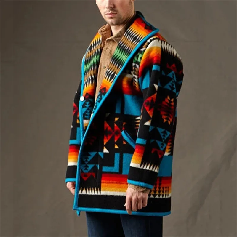 Men Woolen Blend Coat Full Sleeve Printed Fashion Polo Collar Woolen Jacket Coat Autumn Winter Thick Warm Single Breasted