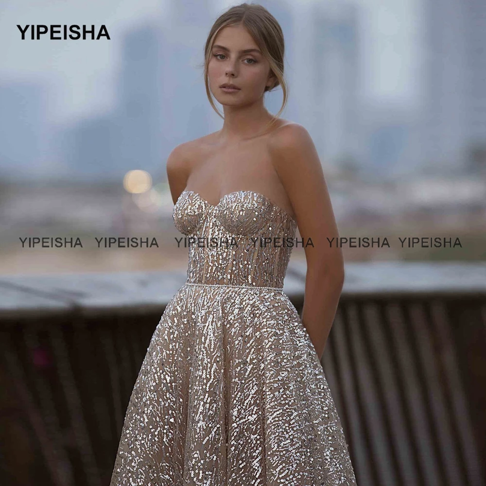 Yipeisha Glitter Sequin Prom Dresses Sweetheart A-Line Tea Length Party Gown Formal Cocktail Dress Vestido de Festa 2021