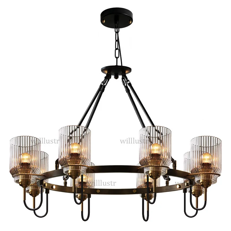 Creative Dual-Use Pendant Lamp Industrial Iron Ring Hotel Restaurant Store Hall Living Room Bedroom Retro Glass Suspension Light