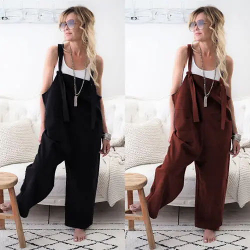 New Hot Casual Loose Wide Leg strap Jumpsuit Woman Cotton Linen Solid Pocket Romper Ladies Playsuits Overalls Large Size