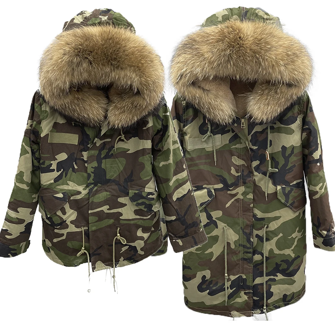 Winter Coat Parka Jackets Women Real Fur Collar Coat Fashion Camouflage Green Warm Detachable Faux Fur Lined Parka