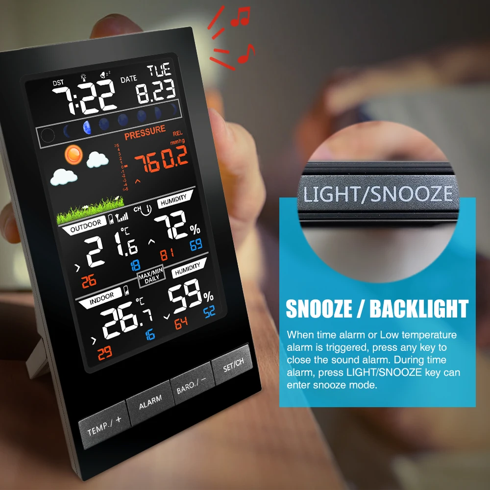 Digital Alarm Clock Weather Station LED Temperature Humidity  Forecast Snooze Table  indoor Outdoor Sensor