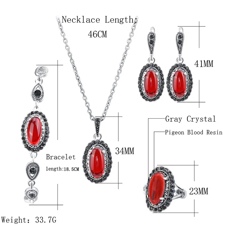 Kinel Hot 4Pcs/Lot Boho Jewelry Sets Red Stone Necklace And Earring Bracelet Ring For Women Fashion Jewelry Set Wholesale