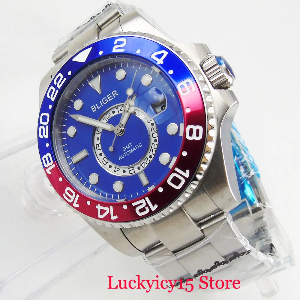 

BLIGER Fashion Men's Watch GMT Function Blue Dial Date Window 43mm Watch Mental Strap Sapphire Glass