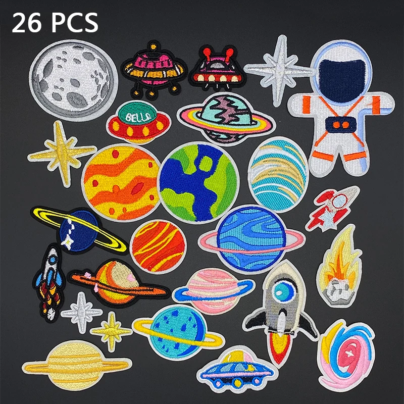 26PCS/Lot UFO Astronaut Planet parch Embroidered Iron on Patches for Clothing DIY Motif Stripes Clothes Stickers Custom Badges