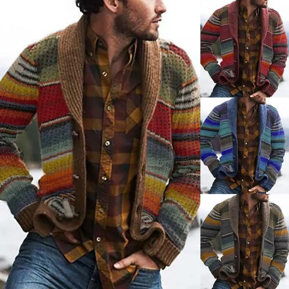 Suéter de estilo occidental para hombre, cárdigan de punto con bloque de Color, a rayas de arcoíris, Tops de otoño, novedad de 2020