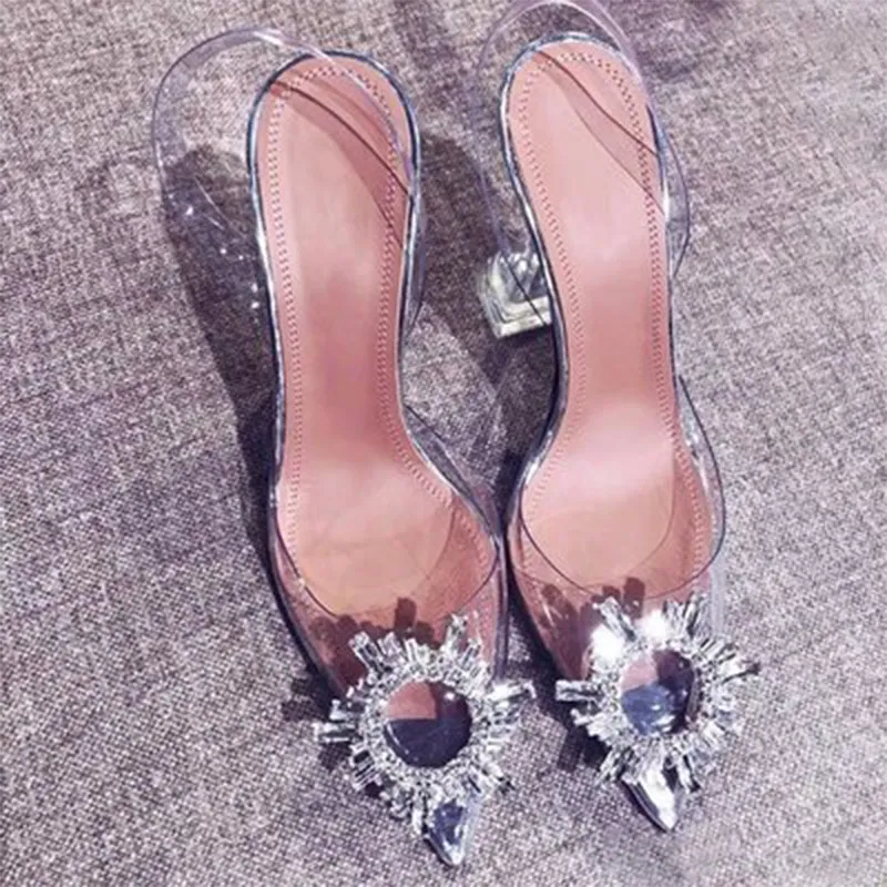 Summer Women Transparent Crystal Sandals Jelly Shoes Woman Pointed Toe High Heels Ladies Fashion Slip On Casual Female Footwear