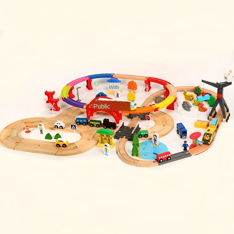 Highway Railway Color Track Toy Set Double Layer Electric Train Wooden Building Blocks Puzzle Toy Gift 1:64 Pd13